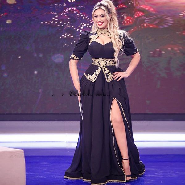 

kosovo vestidos formales arabic evening dresses satin side split prom party gowns short sleeves robe de soiree, Black;red