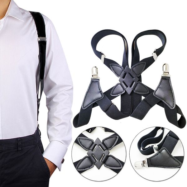 

side-clip style fashion trucker suspenders braces for men wedding event solid color x-back adjustable elastic trouser strap belt, Black;white