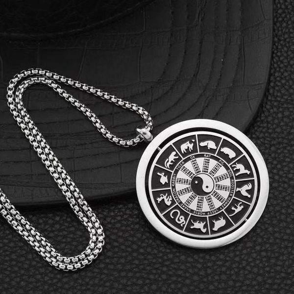 

pendant necklaces rotatable 12 zodiac tai chi taiji eight diagrams titanium stainless steel round lucky charm necklace, Silver
