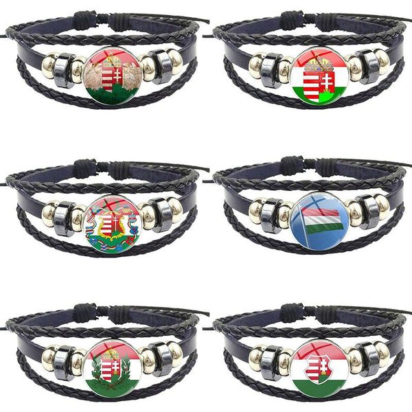 

charm bracelets hungary flag vintage antique glass cabochon statement black leather bracelet bangle jewelry for women men party, Golden;silver