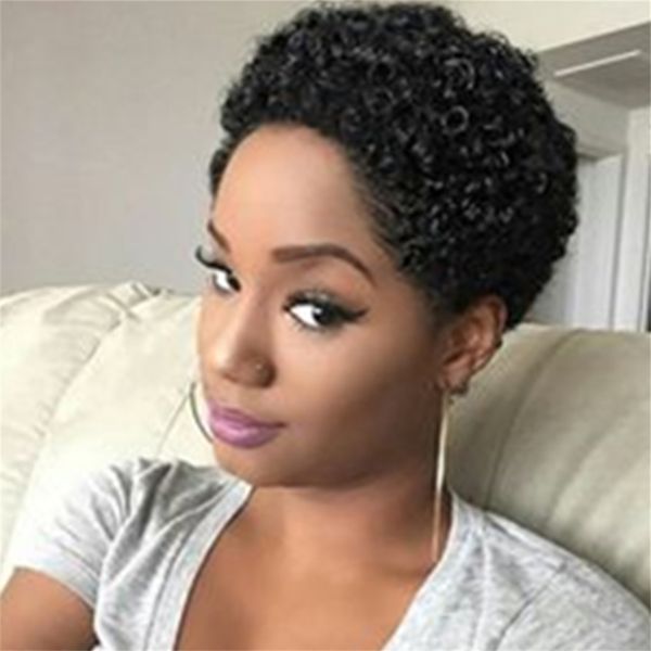 

short curly afro kinky wigs for black women pixie human hair machine made none lace front wig with bangs, Black;brown
