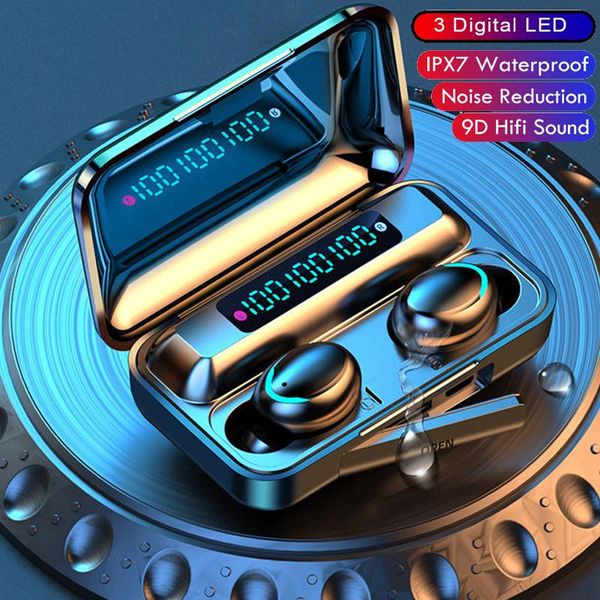 

headphones & earphones wireless bluetooth 3 led charging box earbuds deep bass stereo sports waterproof headsets w/mic