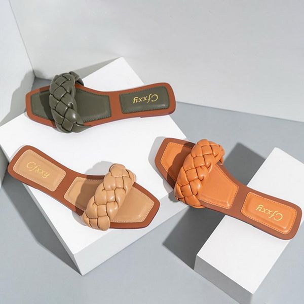 

2021 woven slippers women slip on slides square toe leather flat sandals female outdoor casual slippers, Black