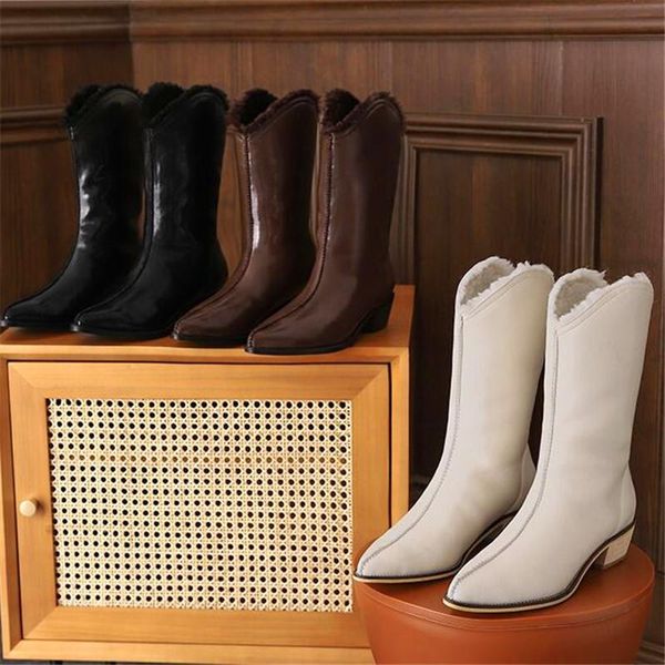 

boots wedge heel ladies high fur one-piece pointed winter retro, Black