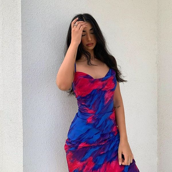 

women tie dye printed spaghetti strap dress pleated bodycon sleeveless backless midi long dress party pencil dress, Black;gray