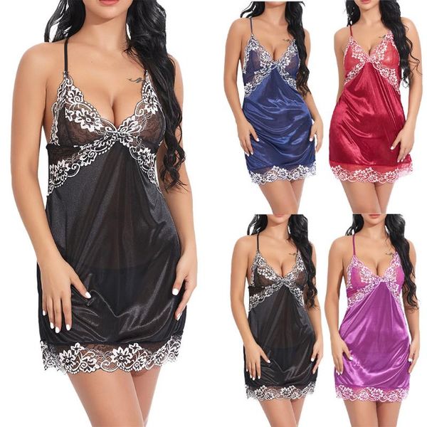 

lace mesh stitching nightdress women halter chemise lace lingerie babydoll set v-neck teddy sleepwear nightdress women's, White;black