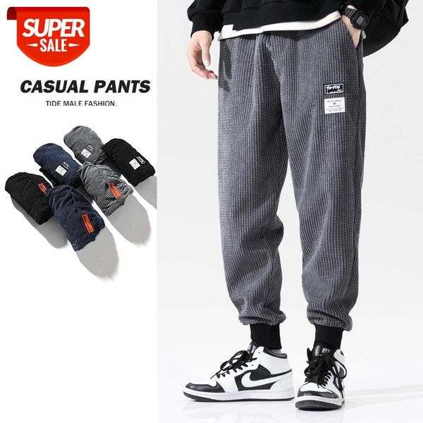 

japanese style vintage fashion corduroy men's joggers trousers hip hop autumn casual harem pants sweatpants streetwear #n65g, Black