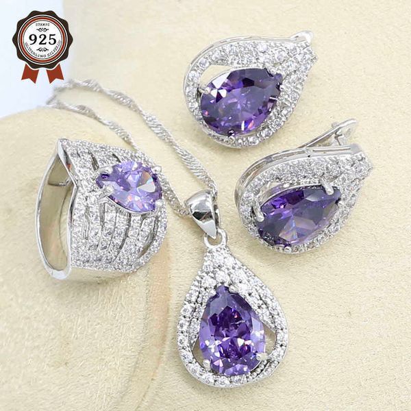 Silber Farbe Schmuck Set für Frauen Lila Zirkon Creolen Halskette Anhänger Ring Party Geburtstag Geschenk H1022