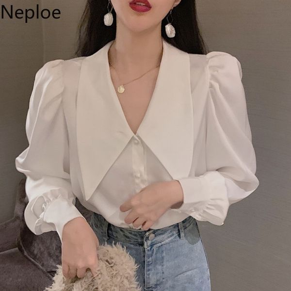 

neploe women ol shirt spring new solid peter pan collar puff long sleeve shirt single breasted elegant blouse 57782 210315, White