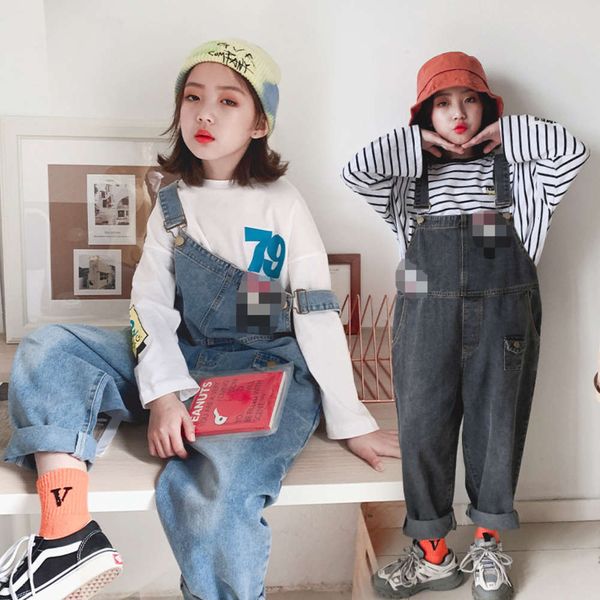 

autumn wear korean children's yangqi net red cartoon printed denim strap pants, Blue