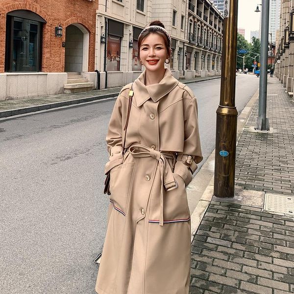 

women's trench coats spring autumn clothes women single breasted belt long khaki coat female vintage elegant korean windbreaker cloak 9, Tan;black