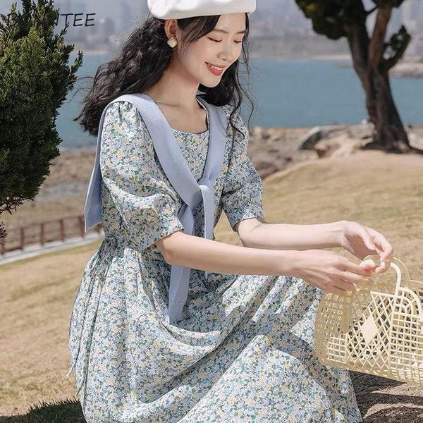 

party dresses dress women short puff sleeves square collar floral sweet preppy holiday summer mid-calf brisk girlish daily chic shirring tun, White;black