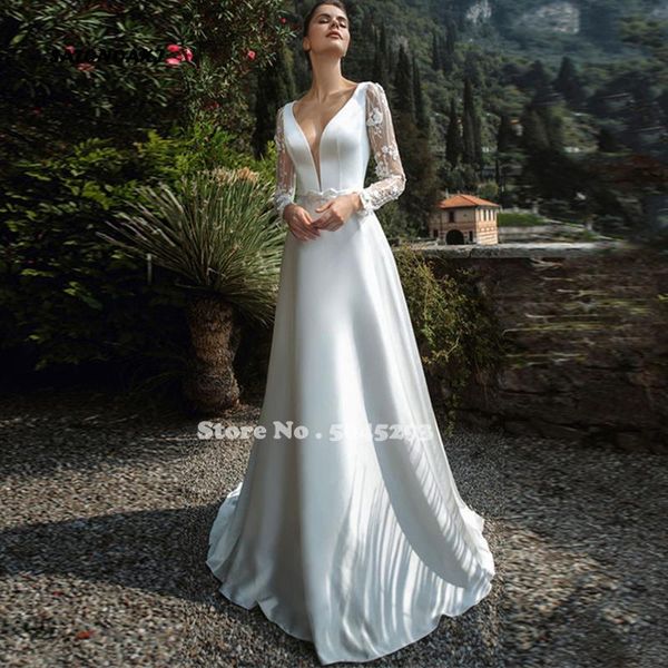

other wedding dresses vestidos de noiva elegant a-line long sleeve deep v neck backless 2022 white bride gown for women custom made