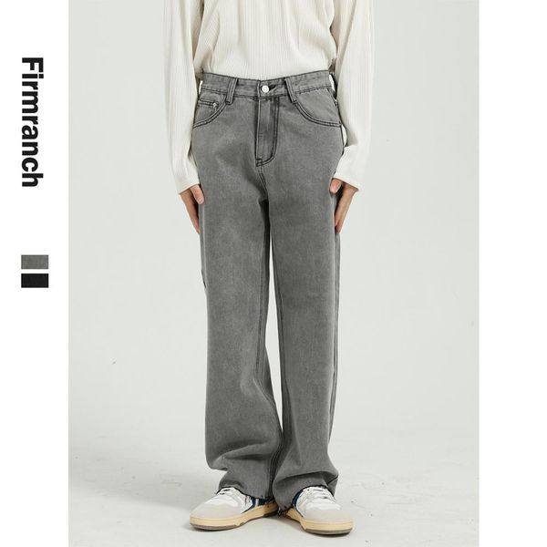 

firmranch fall/winter men/women retro grey &black loose straight jeans 90s vintage casual long trousers all match denim pants, Blue