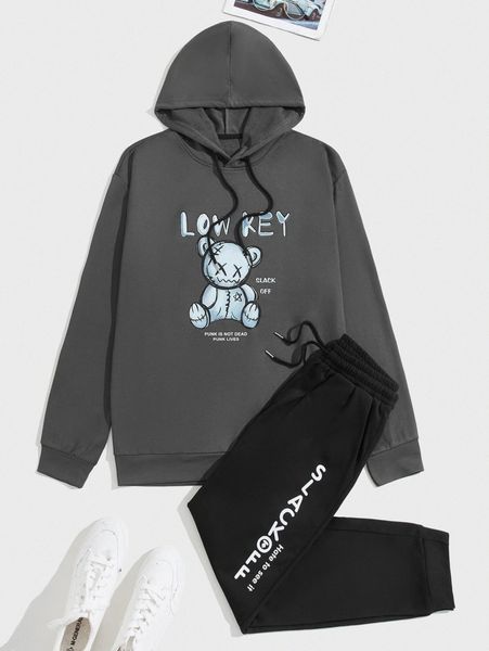 

men bear and slogan graphic drawstring hoodie & sweatpants 84z1#, Gray