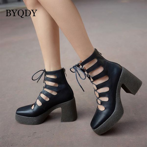 

dress shoes byqdy 2021 women summer square toe platform wedge thick gladiator genuine leather high-heeled pumps for mother gifts, Black