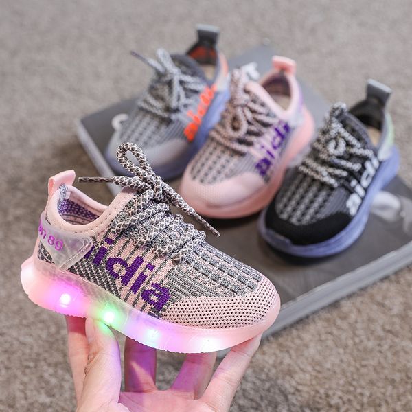 

fashion light kids sneakers baby girls letter led luminous sport shoes children boy running sneakers shoes girl breathable shoes, Black;red