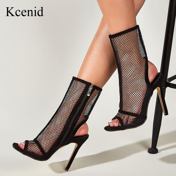 

boots kcenid trendy gladiator women breathable mesh ankle sandals fashion peep toe zip stilettos heels summer shoes, Black