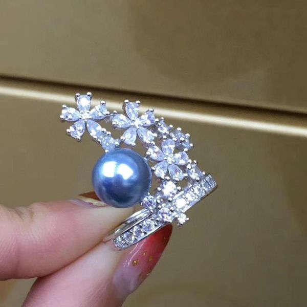 

cluster rings d417 pearl ring fine jewelry 925 sterling silver natural 8-9mm fresh water blue color for women, Golden;silver