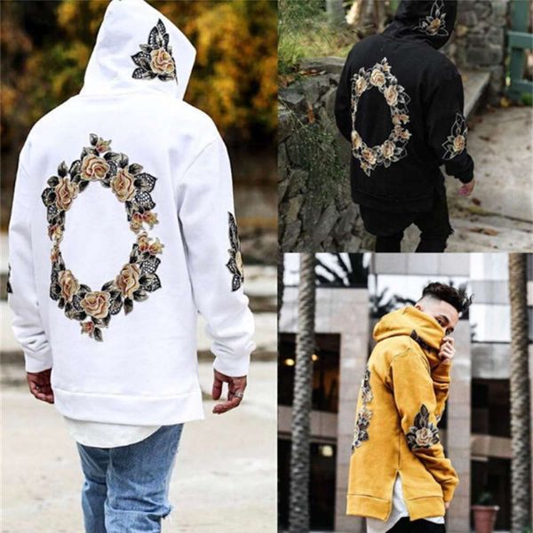 

designer flower print hoodies men hip hop side split hoody sweatshirts hooded pullover long sleeve jumper, Black