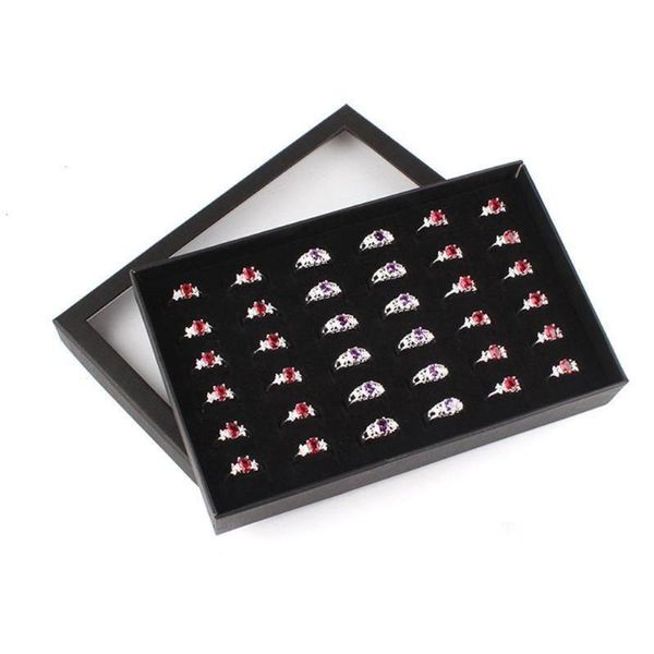 Caixas de armazenamento caixas de veludo preto Caixa de exibição de anel transparente Mostrar tampa 36 slots Brincho Jóia Organizador