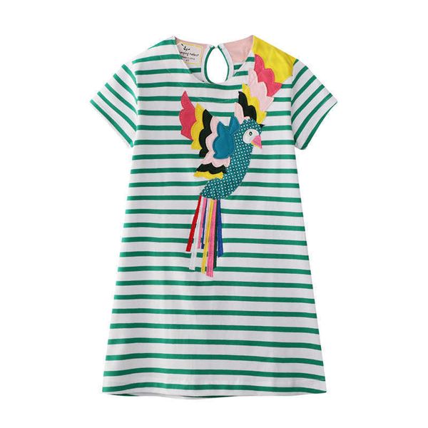 Salto Metri Summer Princess Bird Applique Ragazze Abiti in cotone per Baby Stripe Costume Vendita Kids Dress 210529