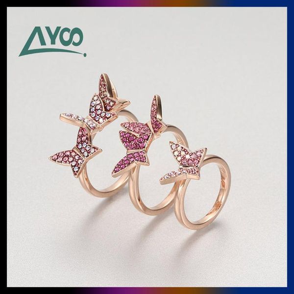 

cluster rings swa fashion temperament pink crystal butterfly ring three piece set charm women's as a girlfriend gift, Golden;silver