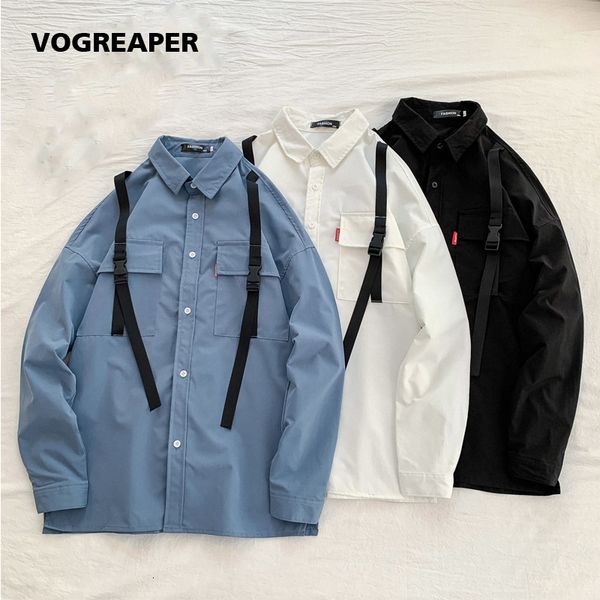 

autumn new hipster ribbons shirt men fashion casual long sleeve button down streetwear blouse white black shirts 4xl 5xl