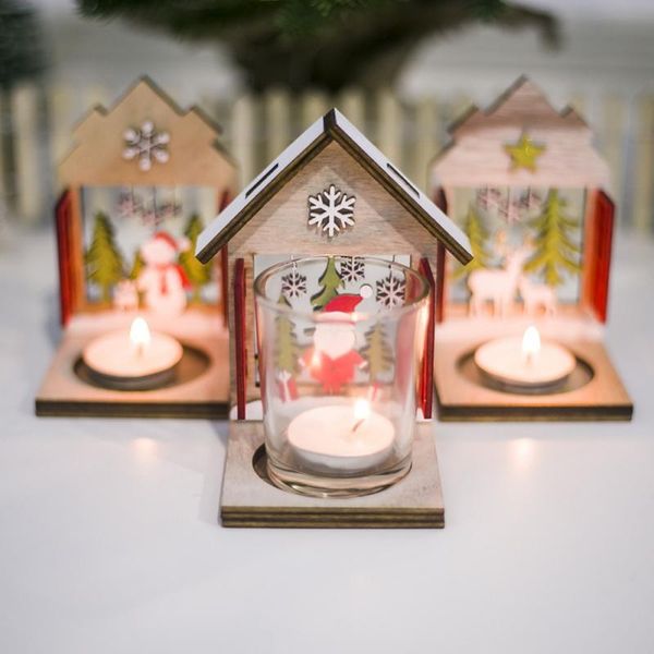 

christmas wooden candle holders santa reindeer snowman cabin design candlestick ornament deskdecoration