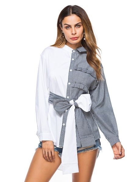

spring and autumn fashion women's long sleeve long shirt lapel neck casual shirt bow belt street clothing style ladies blouses, White