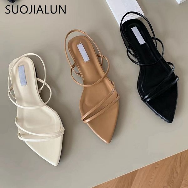 

suojialun fashion narrow band women sandals flat heel back strap summer shoes gladiator casual sandal pointed toe dress shoes 210306, Black