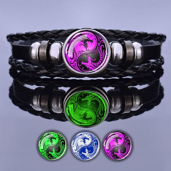 

charm bracelets creative dragon bracelet yin yang glass cabochon glow in the dark steampunk black leather fashion jewelry for men women, Golden;silver