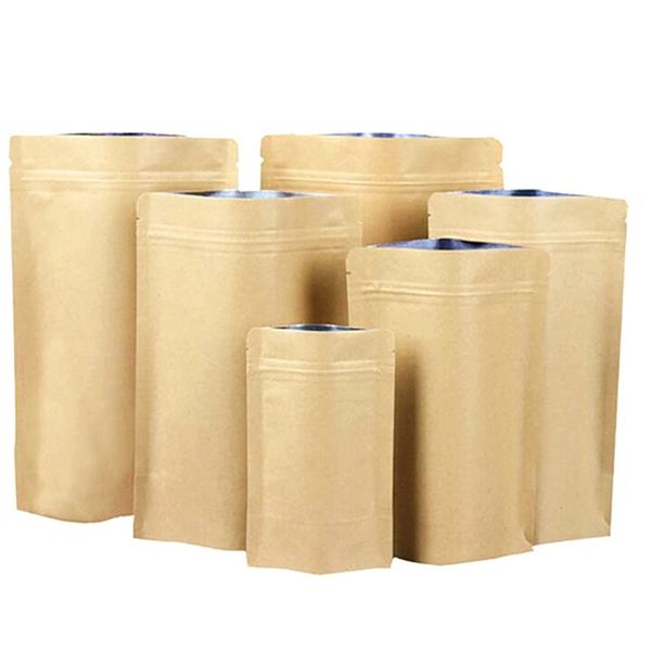 100 шт. / Лот Kraft Paper Stand Up Pouch Уплотнительная сумка с алюминиевой фольгой внутри пищевых чайных закусок