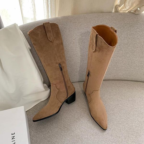 

boots 2021 genuine leather knee high women chunky heel cowboy point toe long cow suede winter shoes, Black