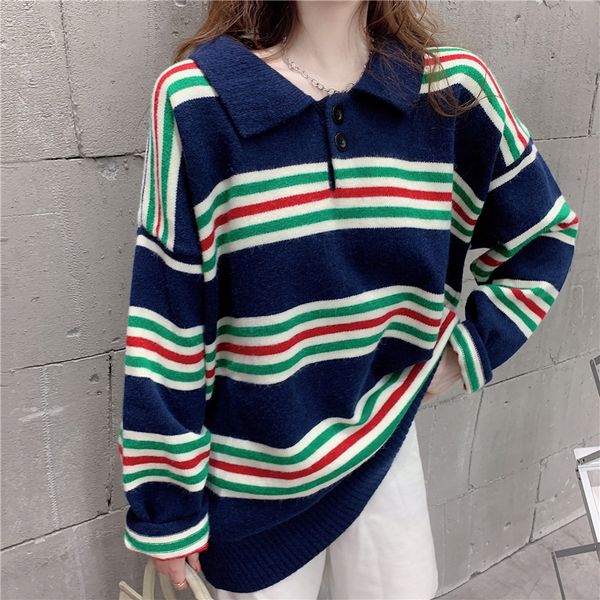 

2021 new autumn women's retro wild loose polo collar long sleeves contrast striped pullover knitted sweater v329, White;black