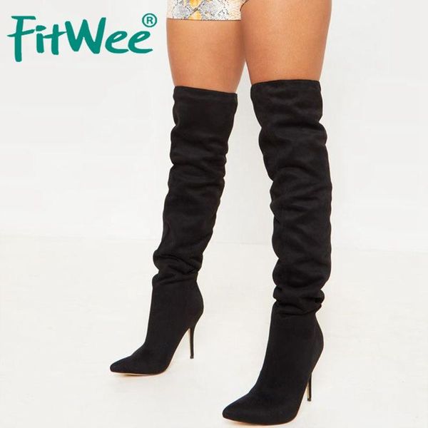 

boots fitwee women over knee pointed toe slip on thin heel shoes autumn winter warm thigh high size 35-43, Black