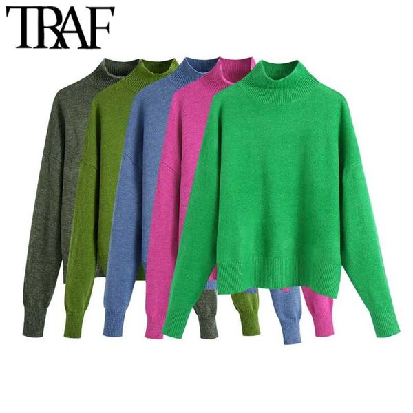 

traf women fashion soft touch loose knitted sweater vintage high neck long sleeve female pullovers chic 211215, White;black