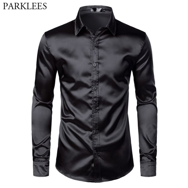 

men's black satin luxury dress shirts silk smooth men tuxedo shirt slim fit wedding party prom casual shirt chemise homme 210705, White;black