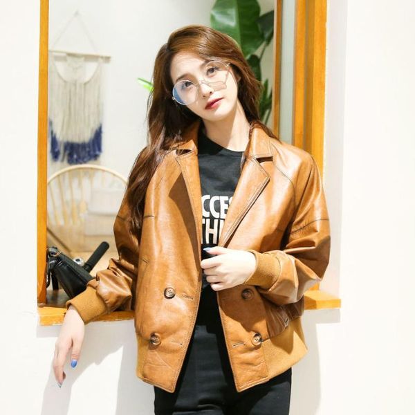 

women's leather & faux 2021 autumn winter genuine jacket suit collar sheepskin coat solid color short, Black