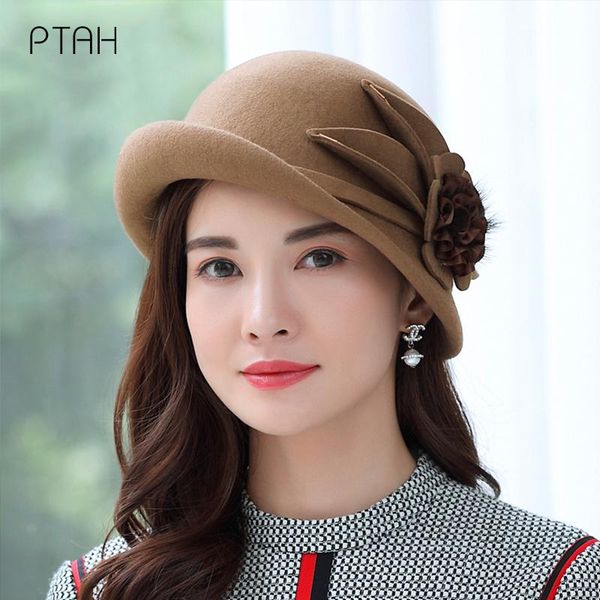 

stingy brim hats [ptah] brand fedoras winter autumn 100% woolen women ladies jazz hat european american round caps casual party, Blue;gray