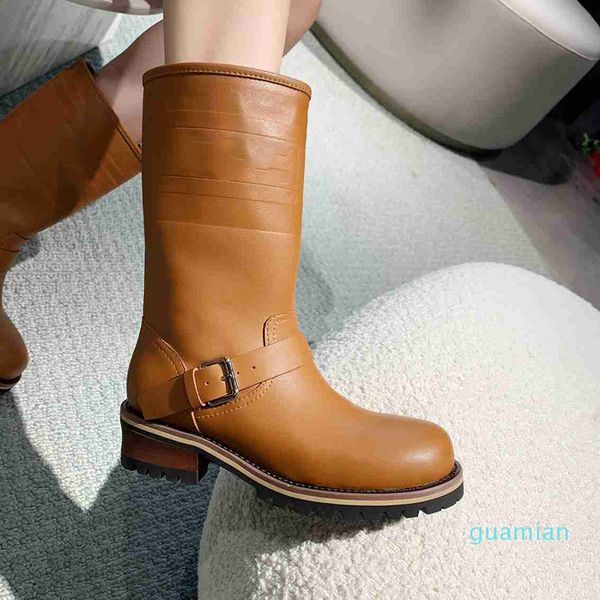 

winter lady straight boots comfortable real leather platform half boot solid color slip-on chunky heels women mid-calf 9725, Black