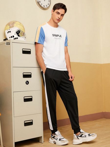 

men slogan graphic contrast sleeve tee & sweatpants a8qn#, Gray