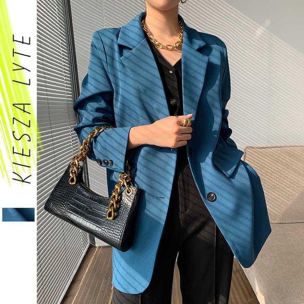 Giacca da completo blu Donna Solido manica lunga Casual Primavera Autunno Stile coreano Blazer con intaglio britannico Giacche Feminino 210608