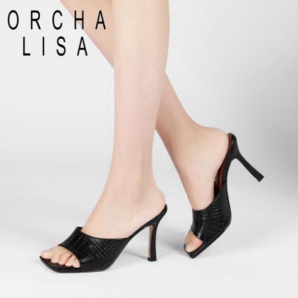 

sandals orcha lisa 2021 women open toe 9cm high thin heels crocodile leather slip-on classic big size 34-43 b2481, Black