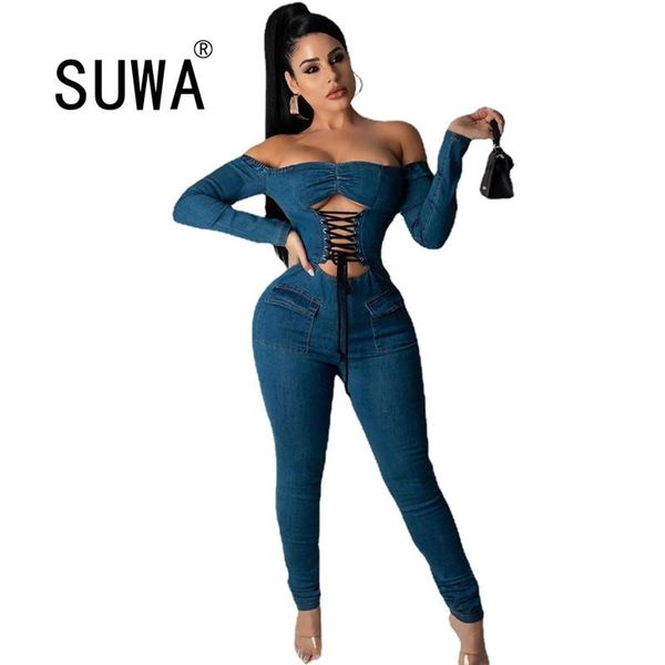 

off shoulder bodycon rompers womens jumpsuit slash neck cross lace up slim one piece overall fashion long sleeve denim outfits, Black;white
