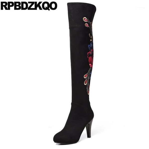 

boots stiletto embroidered high heel black over the knee embroidery ladies shoes flower suede slim thigh women long extreme1