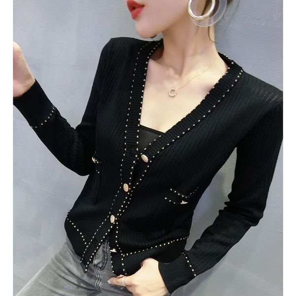 

2021 new fall winter korean style knitted sweater fashion v-neck hollow out women button cardigan pocket kobieta swetry t09104l y9, White;black