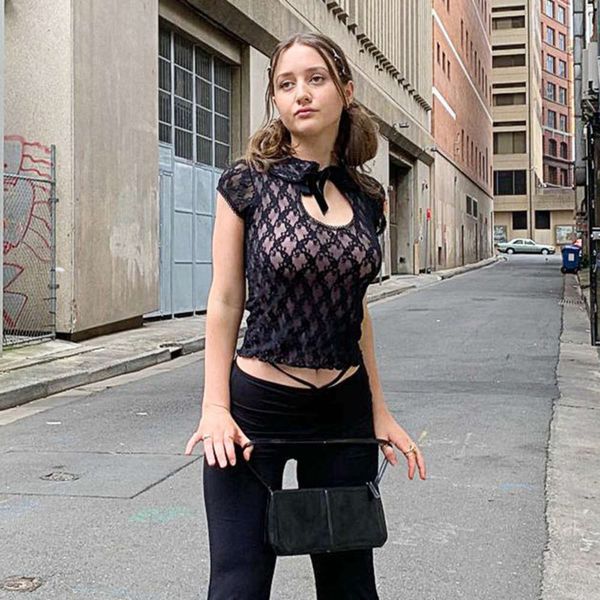 

short 2021 splicing spring lace court slim style t-shirt irregular mh hollow top, White