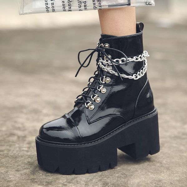 

boots patent leather gothic black women heel chain chunky platform female punk style ankle zipper shoes
