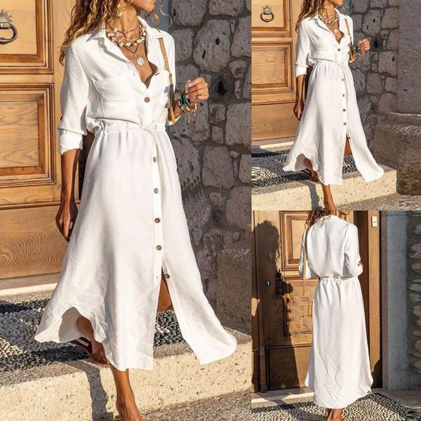 

casual dresses elegant fashion women's v-neck solid color single-breasted ladies lapel shirt cotton and linen dress, Black;gray